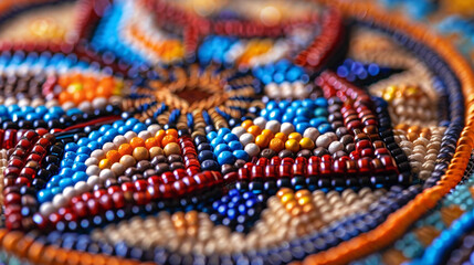 close uo of traditional colourful bead work by native americans, handy crafts,indigenous people