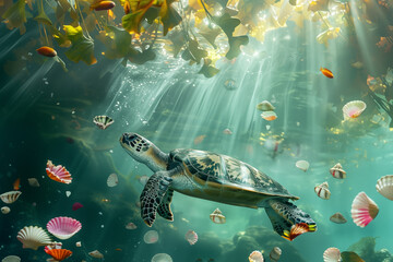 Colorful sea turtle swimming among various shells in vibrant underwater scene