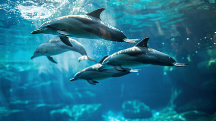 Obraz premium Dolphins swimming underwater. The dolphins move gracefully through the clear blue water, with sunlight filtering through, creating a serene aquatic scene..