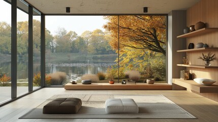 Detailed view of a modern living room with a clean, minimalist aesthetic, floating shelves, and large windows