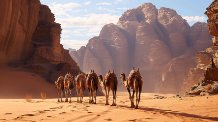 caravan of camels goes among the canyons and sandy mountains - Powered by Adobe