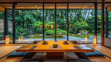Dining room with a Japanese design, featuring tatami mats, a low wooden table, and a view of a zen garden