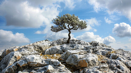 Lone tree on a rocky hill. The tree stands resilient against the backdrop of a blue sky with scattered clouds, symbolizing strength and endurance..