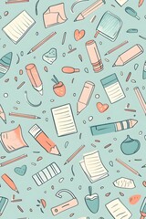 Colorful Assortment of School and Office Supplies Arranged on Mint Green Background