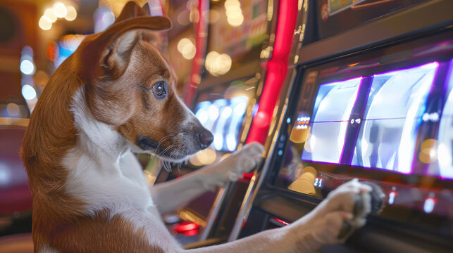 A dog is playing a slot machine in a casino. 