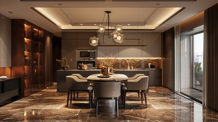 Dining room with a modern aesthetic, featuring a marble table, stylish chairs, and pendant lighting