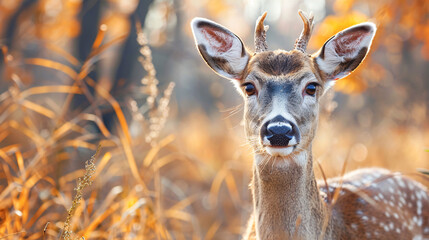 Fototapeta premium Young deer in a sunlit meadow. The deer looks curious, surrounded by the warm colors of autumn foliage, creating a serene and picturesque scene..