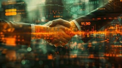 Double exposure of a handshake and centrifuge, combined with financial growth charts and research data