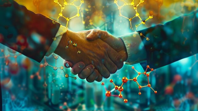 Double exposure of a business handshake overlaid with molecular structures and research data