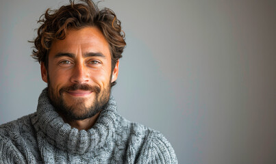 Fototapeta premium Handsome Young Man with Beard in Casual Sweater Smiling Confidently Against Plain White Background, Radiating Happiness and Charm