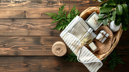 Gift basket with cosmetics on wooden background - Powered by Adobe