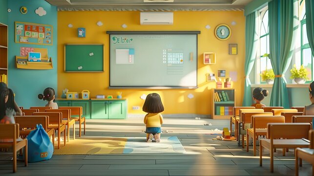 Virtual classroom with interactive lessons and digital tools, engaging and modern