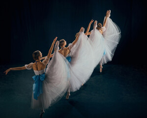 Harmony and beauty. Four ballerinas perform synchronized dance, their movements perfectly aligned....