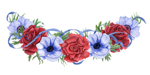 Remembrance Day floral wreath. Red rose and blue anemones. Blue ribbon wrapping around floral bouquet. Memorial day, Independence day. Garden flowers, leaves. Watercolor illustration isolated on white