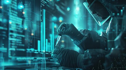 Double exposure of a researcher injecting samples, combined with financial growth graphs and partnership documents