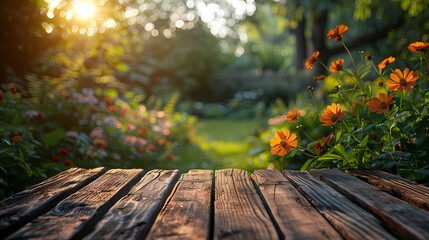 Naklejka na ściany i meble Empty wooden table with spring background. Wooden table terrace with Morning fresh atmosphere nature. Park with garden bokeh background with country outdoor, Template mock up for display of produc