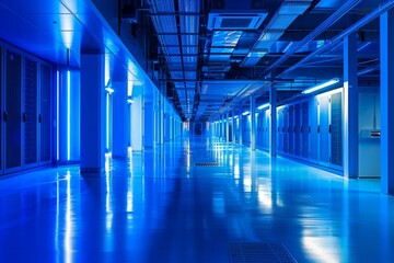 Long hallway with blue lights in a building. Data center background 
