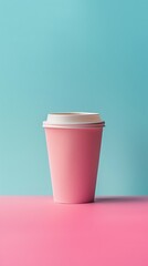 Pink paper coffee cup on pink and blue background. Minimalistic trendy still life photography.
