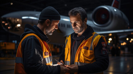 Engineers Conduct Aircraft Maintenance in Hangar at Night