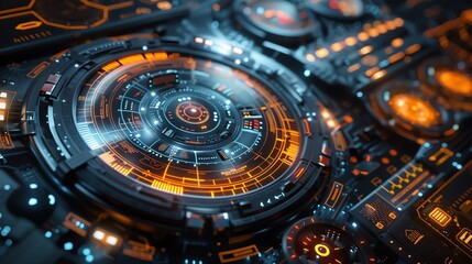 The image is a close-up of a futuristic control panel. It has a lot of buttons, lights, and other indicators. It looks like something from a spaceship or a robot.