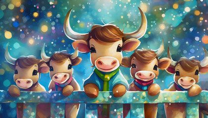 Fototapeta premium oil painting style Cartoon character A group of miniatures longhorn beefs behind a metal fence,