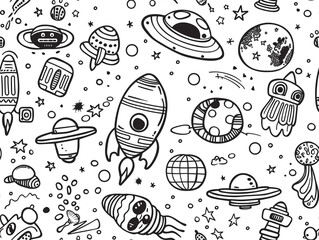 Alien and UFO theme. A black-and-white cartoon drawing for children. 