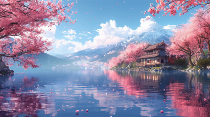 Vector illustration of edo japanese country house in the backround of lake, rolling hills, peaceful blooming cherry blossoms, pink, pastelle artstyle	
