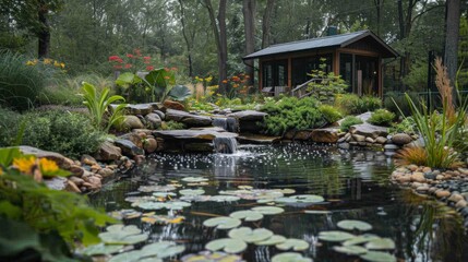 Forest-inspired home garden with a natural pond, water lilies, and dense plantings