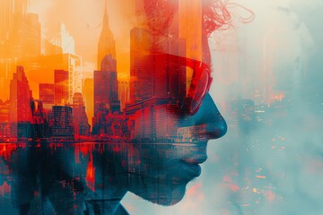 The image shows a man with sunglasses. Half of his face is a photo and the other half is an illustration of a city.