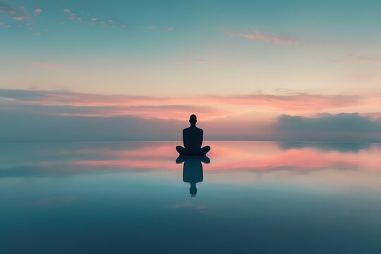 The image shows a man sitting in a yoga pose on a calm lake at sunset, with a beautiful sky and clouds reflecting in the water.