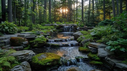 Forest-inspired home garden with a natural stream, moss-covered rocks, and tall trees