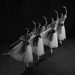 Ballerinas elegantly performing on stage, white flowing gracefully as they extend their arms and legs in perfect unison. Monochrome photo. Concept of beauty, classic and modernity, contemporary art.