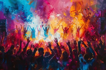 This is an abstract painting of a crowd of people at a concert or festival