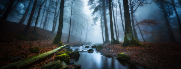 Mysterious Foggy Forest with Stream in Blue Twilight. Eerie woodland atmosphere enveloping a serene brook at dusk. Panorama with copy space.