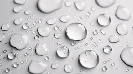 Clear water droplets are scattered across a plain white background, creating a simple yet striking pattern