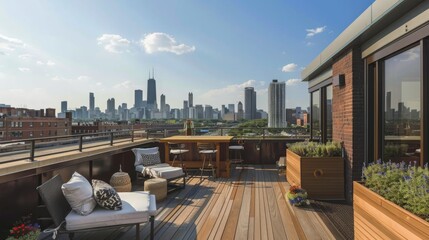 A rooftop deck provides a panoramic view of the cityscape, showcasing iconic landmarks and urban architecture under a clear sky.