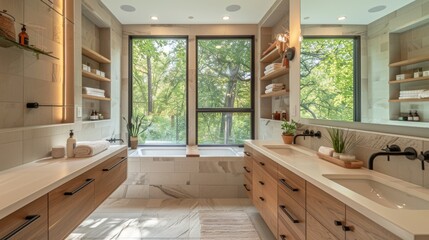 High-detail photo of a contemporary bathroom with a large mirror, floating shelves, and modern fixtures