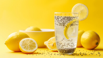 Glass of drink with chia seeds and bowl with lemons 