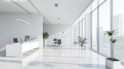 modern office interior with white walls minimalist furniture and large windows bright and spacious design 3d rendering