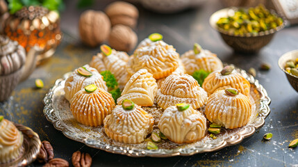 Maamoul traditional arab filled pastry or cookie with dates or cashew or walnut or almond or pistachios nuts. Eastern sweets.