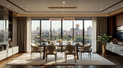 High-detail photo of a dining area with a contemporary table, elegant decor, and floor-to-ceiling windows