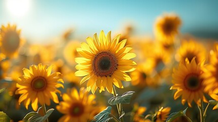 Fototapeta premium A field of tall sunflowers under a clear blue sky.