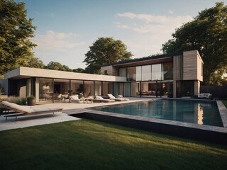 Obraz premium Modern residential district with green roof and balcony generated by AI