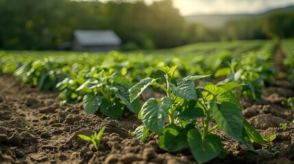 A field of green beans growing in neat, organized rows.