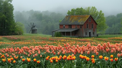 A rustic windmill near a field of tulips in full bloom.