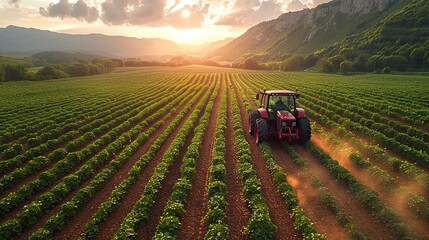 A farmer driving a tractor through a field of green crops.