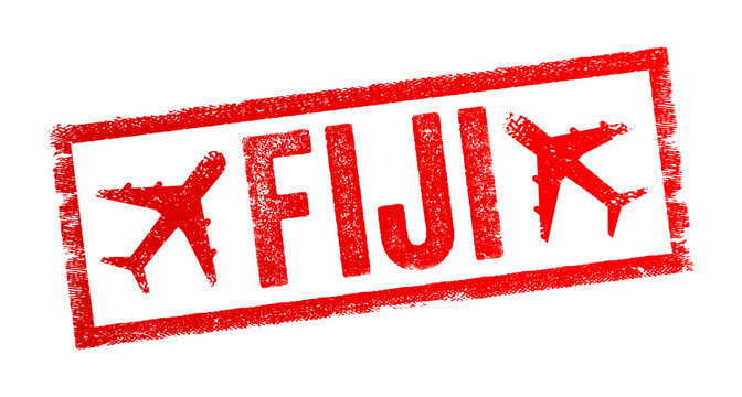 Fiji - a country in the South Pacific Ocean, comprising about 300 islands, text emblem stamp with airplane