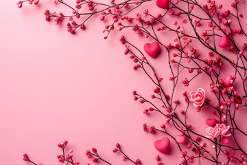 Valentine's day background. Red flower stalk whose flowers are heart shaped on pink background with copy space.