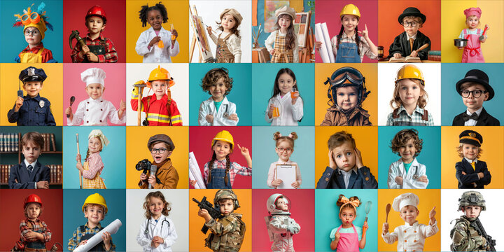 Collage of different Cute children dreaming about their future professions on color background