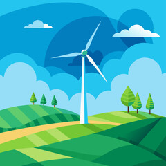 Wind turbine in a scenic landscape with hills and clouds. Flat illustration on a blue background. Renewable energy and nature conservation concept. Design for poster, banner, print.